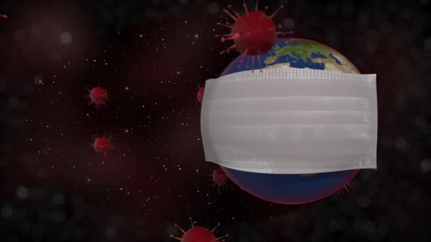 Dünya karantinada. Gezegenin 3 boyutlu görüntüsü tıbbi maske takıyor enfeksiyon kapmış uzayda dönüyor ve her yerde kırmızı virüsler dolaşıyor.. — Stok video