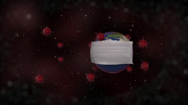 Världspandemisk fara. Realistisk planet jorden med kirurgi mask över svart bakgrund full av röda virusceller. — Stockvideo