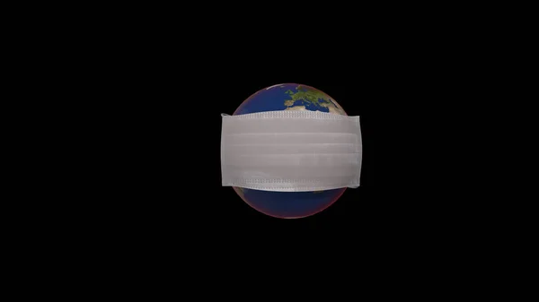 Perigo pandémico mundial. Renderização 3D realista do planeta Terra com máscara cirúrgica overy starry backgroud — Fotografia de Stock