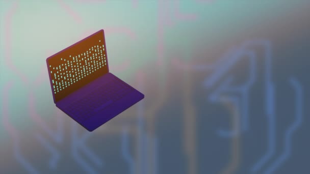 Isometrisk teknikanimation. 3D render laptop med rader av kod över ljusblå bakgrund. — Stockvideo