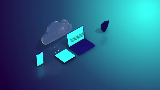 Concepto de computación en nube. Conexión interactiva de gadgets a datos de almacenamiento en la nube . — Vídeo de stock