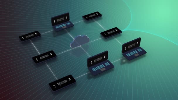 Concepto de almacenamiento en nube. Múltiples portátiles conectados a un almacenamiento en la nube sobre fondo azul . — Vídeos de Stock