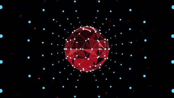 Czerwony niski poli figura pokryta belka biała sieć kropkowanych promieni nad czarnym tle. — Wideo stockowe
