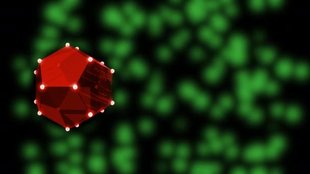Eine rote Low-Poly-Figur, bedeckt mit einem weißen Netz aus Punkten, schwebt über defokussiertem grünem Hintergrund. — Stockvideo