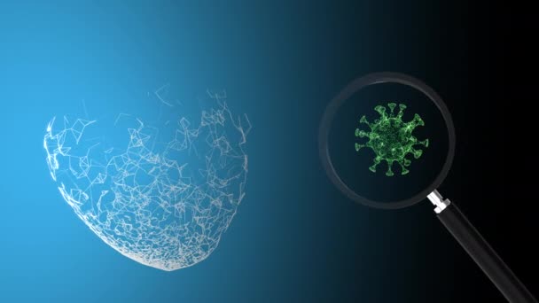 Visualization of virus under magnifying glass over abstract background. — Stock Video