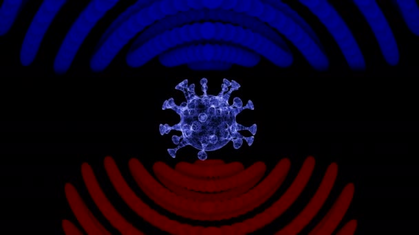 Concetto di prevenzione pandemica. Modello di virus di rendering 3d illuminante che ruota tra superfici rosse e blu . — Video Stock