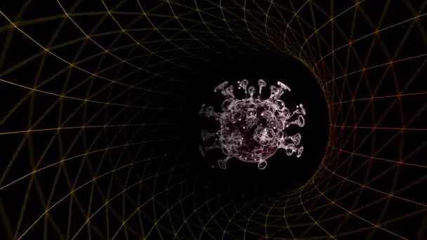 3D vykreslování animace červených koronavirových buněk protékajících zlatě tečkovaným tunelem. — Stock video