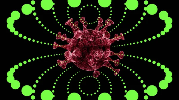3D renderização do modelo de célula de vírus vermelho abstrato flutuando através do túnel de pontos de luz verde elétrica . — Fotografia de Stock
