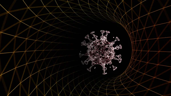 金の点線トンネルを流れる赤いコロナウイルス細胞の3Dレンダリング画像. — ストック写真
