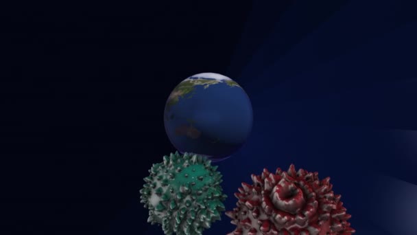 Wirusy 3D modyfikujące się na ich drodze do planety Ziemia obracająca się w przestrzeni kosmicznej. — Wideo stockowe