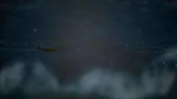 Avión comercial volando sobre las nubes por la noche con estrellas . — Foto de Stock