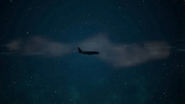 Pohled na siluetu letadla letícího turbulentní zónou. — Stock fotografie