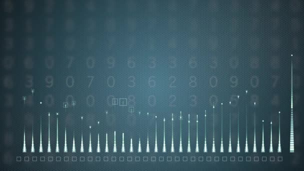 Gráfico HUD com subindo e caindo abaixo diagrama de barras de vela sobre fundo azul digital . — Vídeo de Stock