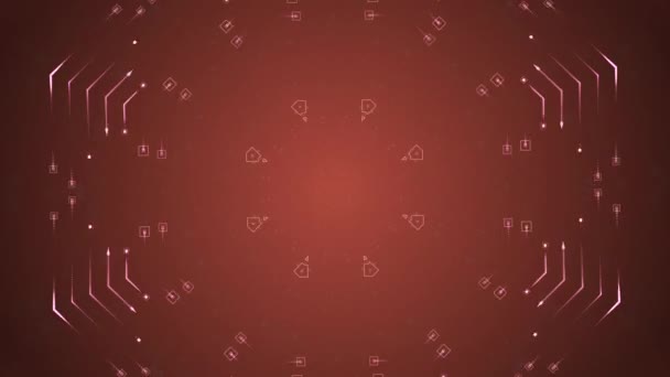 Seamlessly looping futurista de tablero electrónico formando patrón interesante sobre fondo rojo tenue . — Vídeos de Stock