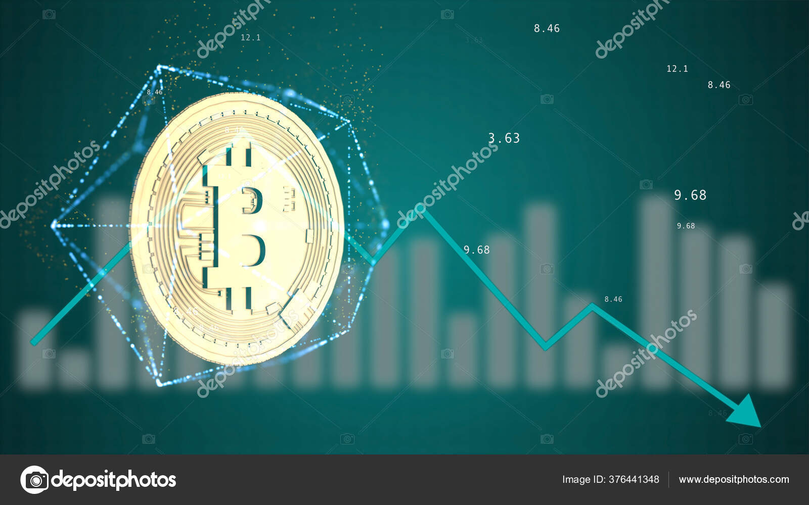 3d 렌더링 비트코인 육각형 구성 안에서 움직이는 차트와 배경 위에 떠 있는 동전. — 스톡 사진 © VFX #376441348