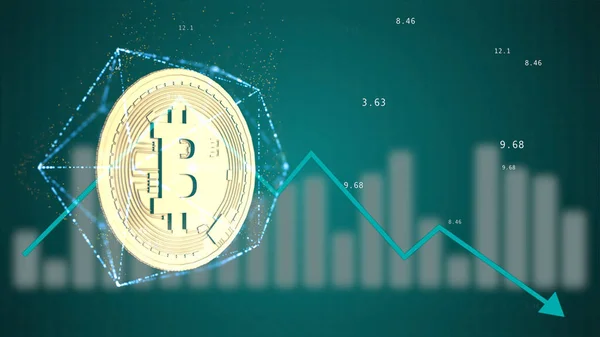 Arkaplanda hareket eden grafikle birlikte yüzen altıgen bir yapının içinde 3D bitcoin render.