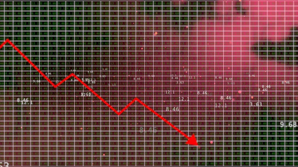 Een data-raster van streaming nummers veranderen op display en rode pijl naar beneden gaat. — Stockfoto