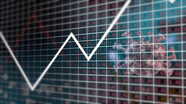 A Coronavirus fertőzés hatása a bolygóra. 3d render vírus sejt forog a háttérben a számok változnak, míg a nyíl megy fel. — Stock Fotó