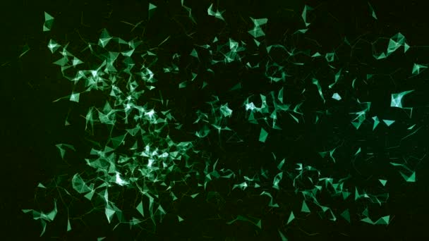 Primer plano de partículas verdes que se mueven caóticamente sobre el fondo brillante verde oscuro . — Vídeos de Stock