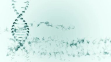 Açık mavi arka planda dönen DNA iplikçiklerinin çarpıtılmış kopyası.