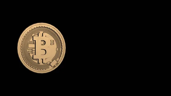 De voorkant van een gouden Bitcoin op een zwarte achtergrond. — Stockfoto