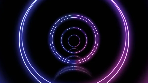 A number of neon circles inside each other on the black background.