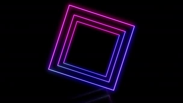 Několik neonových čtverců rotující na černém pozadí. — Stock video
