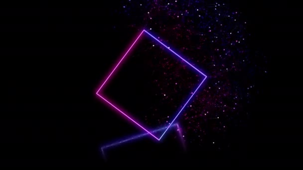 Neon square roatating and sparkling on the black backgeround. — Stock Video