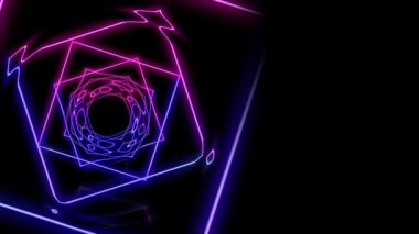 Siyah arkaplanda dönen bozuk neon kareler.