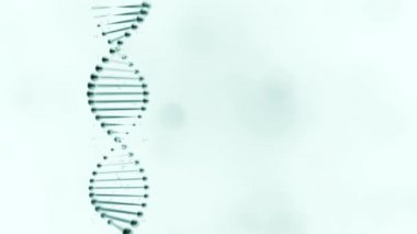 Açık mavi arka planda hareket eden ve ışıldayan DNA ipliği.