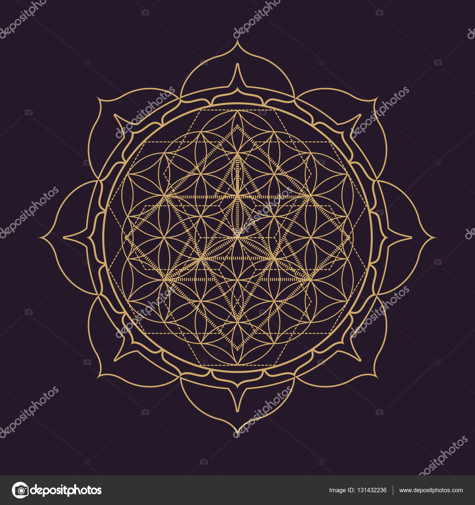 Vector or monochrome conception abstraite mandala géométrie sacrée illustration fleur de vie Merkaba lotus isolé fond marron foncé \u2014 Vecteur par TRIKONA