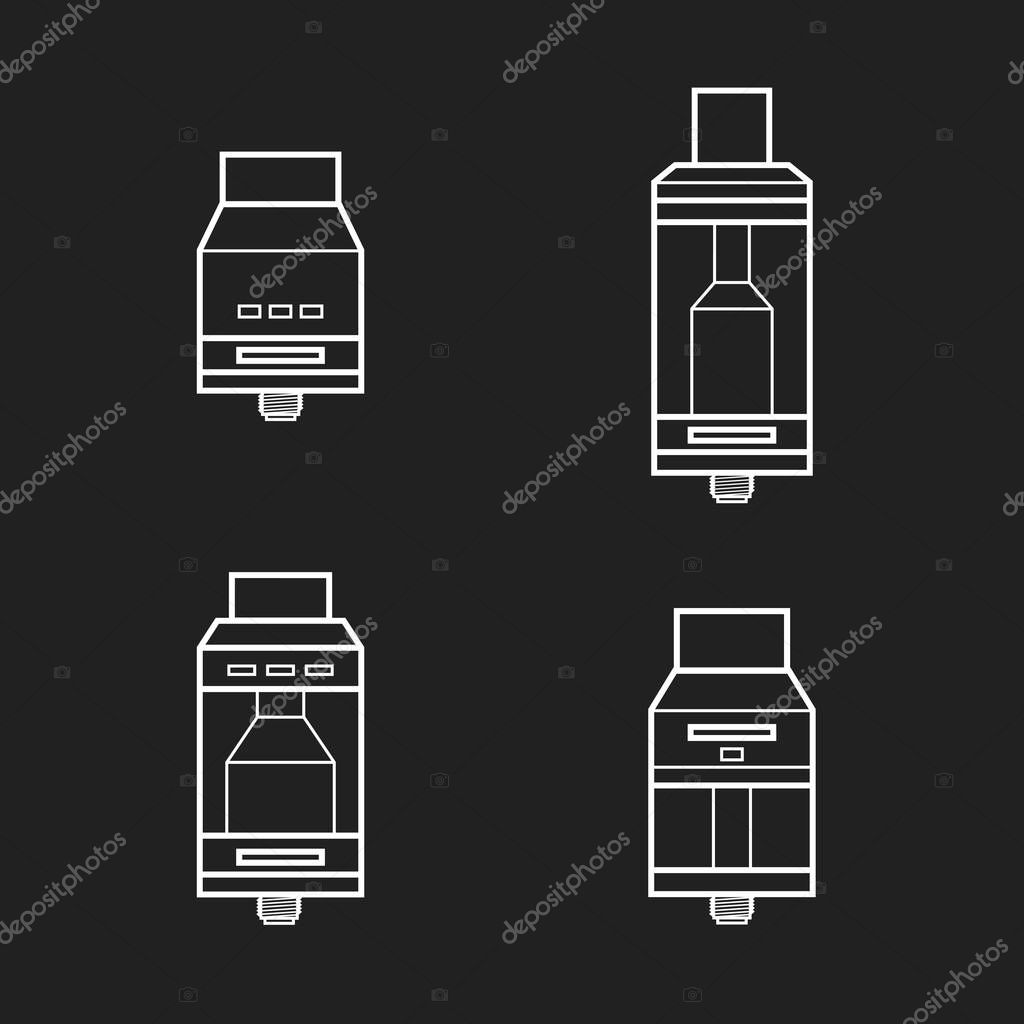 Vector white monochrome outline illustrations various rebuildable drip and tank vape atomizers types RDA RDTA RBA RTA isolated on black backgroun