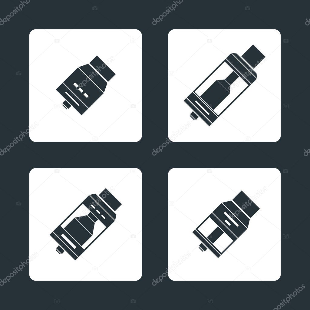 Vector dark monochrome solid illustrations various rebuildable drip and tank vape atomizers types RDA RDTA RBA RTA isolated on dark backgroun