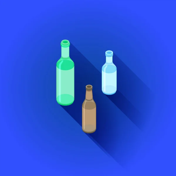 Vettore Disegno Isometrico Verde Bianco Marrone Vetro Alcol Bottiglie Vuote — Vettoriale Stock