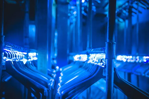 hangers hangers for clothes illuminated with neon tape hanging in a row