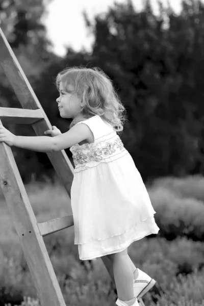 Aranyos kislány fehér ruhában felmászik egy fa lépcsőn a természetben — Stock Fotó