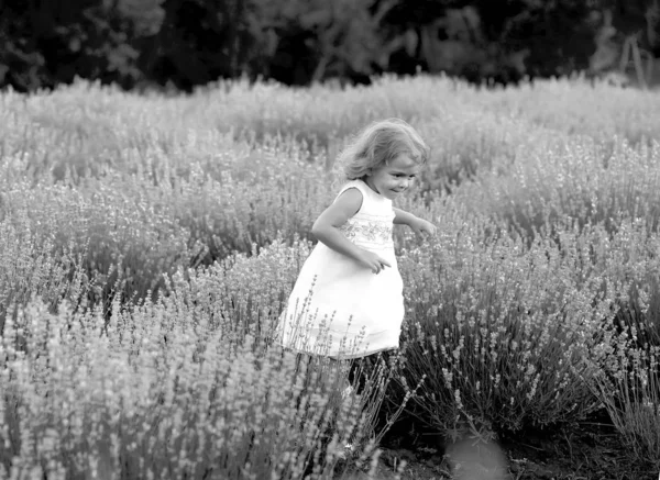 Beyaz elbiseli şirin küçük kız doğada tahta bir merdivene tırmanıyor. — Stok fotoğraf