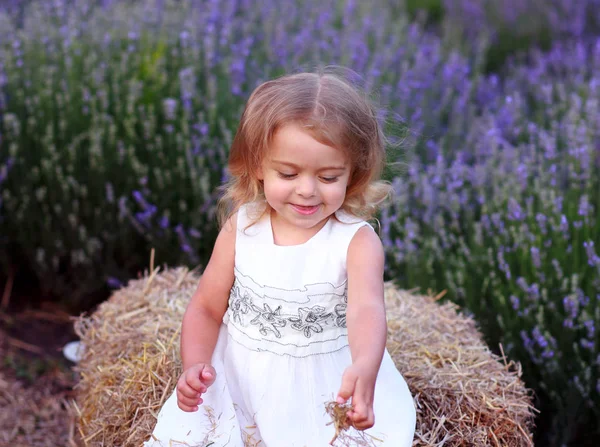 하얀 드레스를 입은 아기가 라벤더가 있는 들판에서 풀 과노는 모습 — 스톡 사진