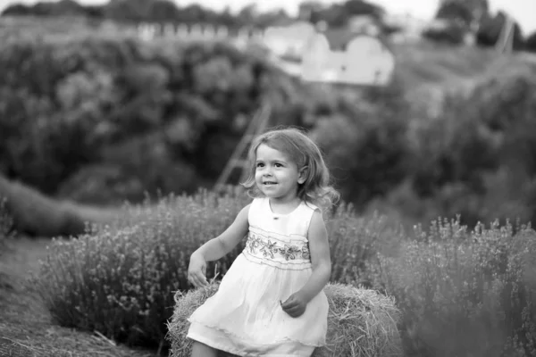 Kleines Mädchen in weißem Kleid sitzt auf einer Krippe in einem Lavendelkleid — Stockfoto