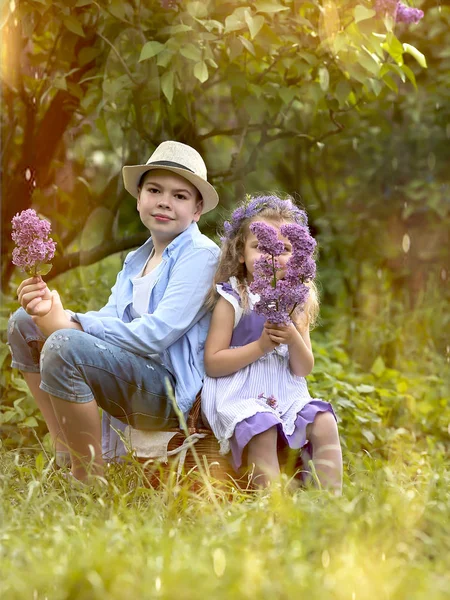 Frère et soeur se promènent dans le jardin botanique au printemps où — Photo