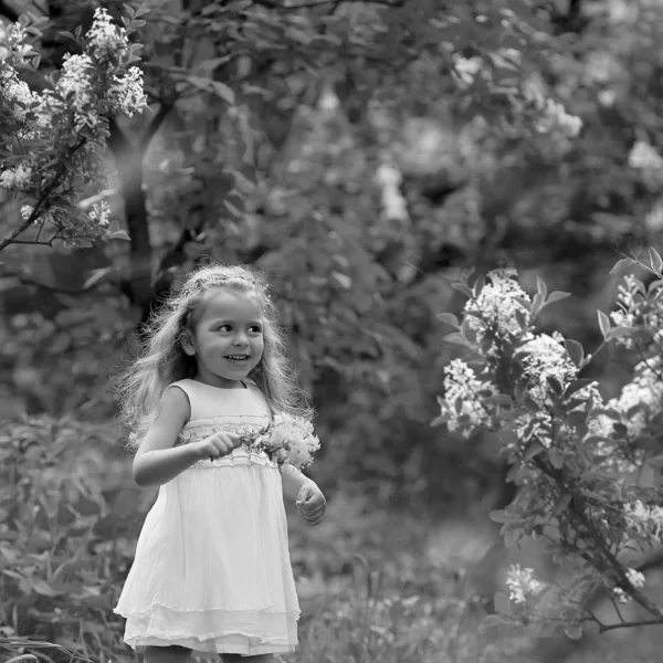 Kleines Mädchen im weißen Kleid spaziert durch den Botanischen Garten des Frühlings — Stockfoto