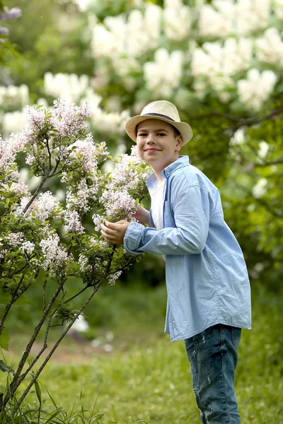 Chłopiec w kapeluszu spaceruje w wiosennym ogrodzie botanicznym — Zdjęcie stockowe