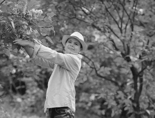 Chłopiec w kapeluszu spaceruje w wiosennym ogrodzie botanicznym — Zdjęcie stockowe