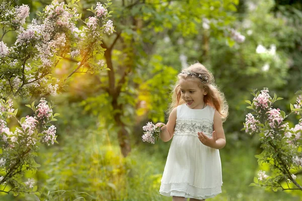 Holčička v bílých šatech procházky v jarní botanické zahradě — Stock fotografie