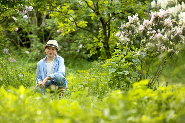 Bahar botanik bahçesinde şapkalı bir çocuk yürüyor. — Stok fotoğraf
