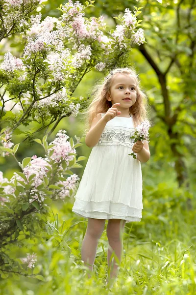 Beyaz elbiseli küçük bir kız bahar botanik bahçesinde yürüyor. — Stok fotoğraf