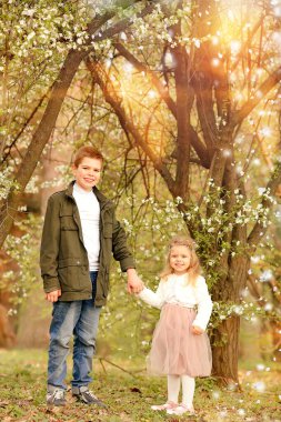 Yerli neşeli ağabey ve küçük kız kardeş, botanik bahçesinde çiçek açan kiraz çiçeklerinin olduğu bahar parkında eğleniyorlar. Aile günü. Erkek ve kız kardeşler günü. Çocuk Koruma Günü. Paskalya
