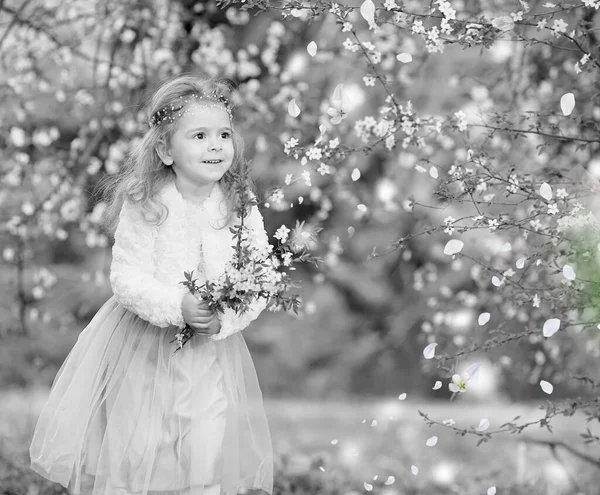 Stunning Black White Portrait Little Girl Laughs Has Fun Flying — Stock Photo, Image