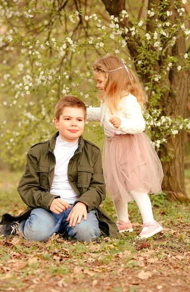 当地快乐的哥哥和姐姐在春天的公园里玩得很开心 在那里一个植物园里盛开着樱花 家庭日 兄妹日 儿童保护日 复活节 — 图库照片