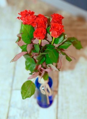 Lüks kırmızı güller, mavi cam vazoda bir buket. Ev dekoru. Kadınlar için hediyeler. Aşk
